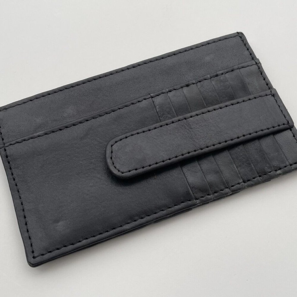 Long Card Holder Billfold Black Genuine Leather Wallet Handmade Coin Purse